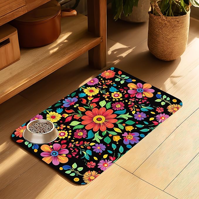 Colorful Mexican Floral Pet Feeding Mat-Quick Dry Absorbent Dog Cat Food Mat, Anti-Slip Water Bowl Mats for Messy Eaters-No Stains Indoor Pet Accessories 12"x20"