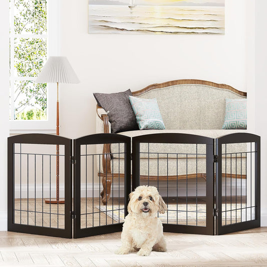 Dog Gate - 4 Panel Foldable Pet Gate Indoor for Doorways, House, Stairs, Freestanding Gate for Dogs - 80x24 -Inch Puppy Safety Fence by PAWLAND, Espresso