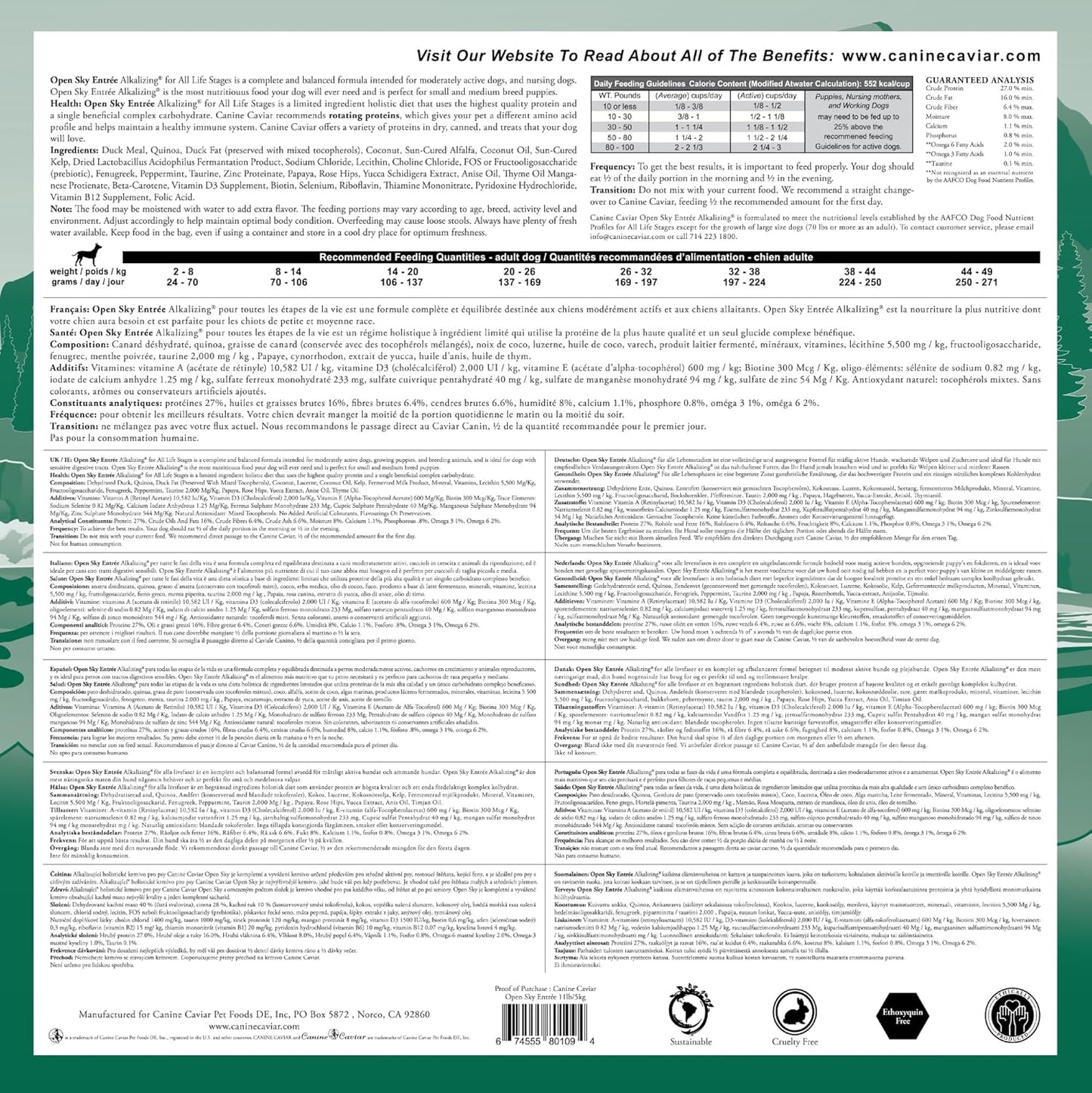 Canine Caviar - Open Sky: Duck & Teff Alkaline Dry Dog Food, Limited Ingredients, Gluten-Free, Based on Science & Research, Veterinary Alternative Diet (11 Pound Bag)