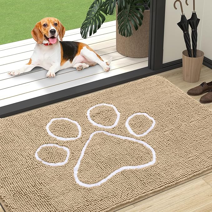 OLANLY Door Mat for Muddy Dog Paws 47x32, Ultra Absorbent Chenille Mud Doormat with Paw Print Design, Non-Slip Washable Doormat for Indoor Entryway, Quick-Dry Pet Bed Mats for Dirty Dogs, Beige