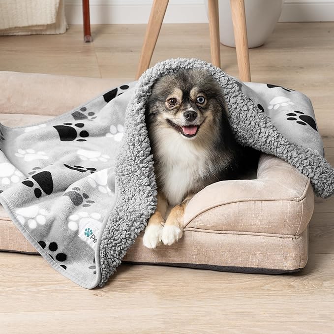 PetAmi Waterproof Dog & Cat Blanket, Pee Proof for Couch, Reversible, Soft Fleece, Washable, 24x32 Paw Gray