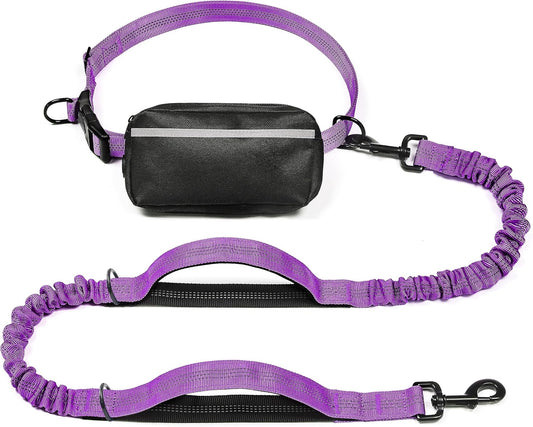 iYoShop Hands Free Dog Leash with Zipper Pouch, Dual Padded Handles and Durable Bungee for Walking, Jogging and Running Your Dog (Large, 25-120 lbs, Purple)
