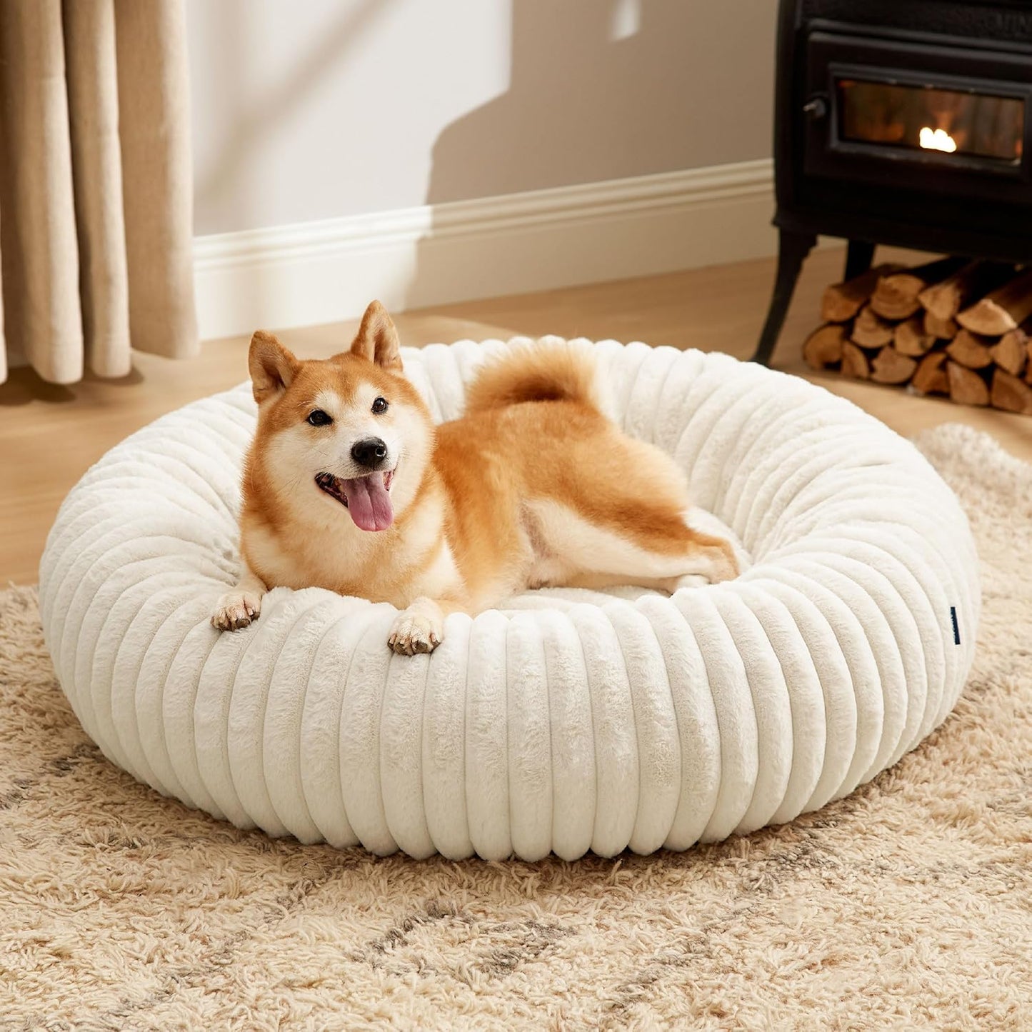 Bedsure Donut Large Dog Bed - Washable Faux Fur with Corduroy Fleece & Anti Slip Bottom, Round Pet Bed with Removable Cover, Cream, 36x36x10 inches
