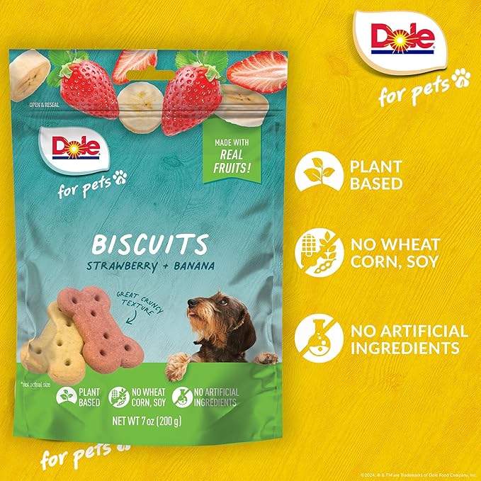 Dole for Pets - Freshly Fetched Banana & Strawberry Dog Biscuits | Real Fruit Flavor | Vegan Crunchy Snacks | No Wheat, Corn, Soy or Artificial Additives, 7oz Pack (Pack of 2)