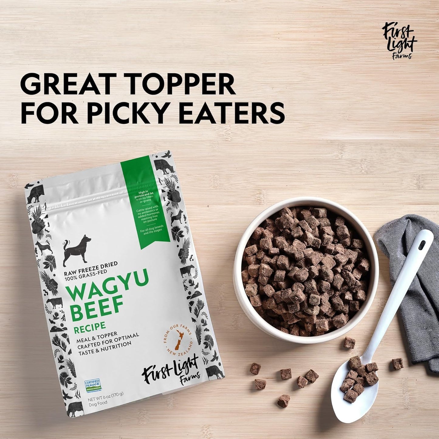 First Light Farms Freeze-Dried Dog Food Topper for Picky Eaters | High Protein Treat | Grain-Free Formula for All Breeds & Life Stages | Premium Wagyu Beef & Certified Humane | 6oz Bag