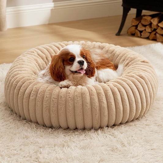 Bedsure Medium Dog Bed - Washable Faux Fur with Corduroy Fleece & Anti Slip Bottom, Round Pet Bed with Removable Cover, Sandy Tan, 30x30x8 inches