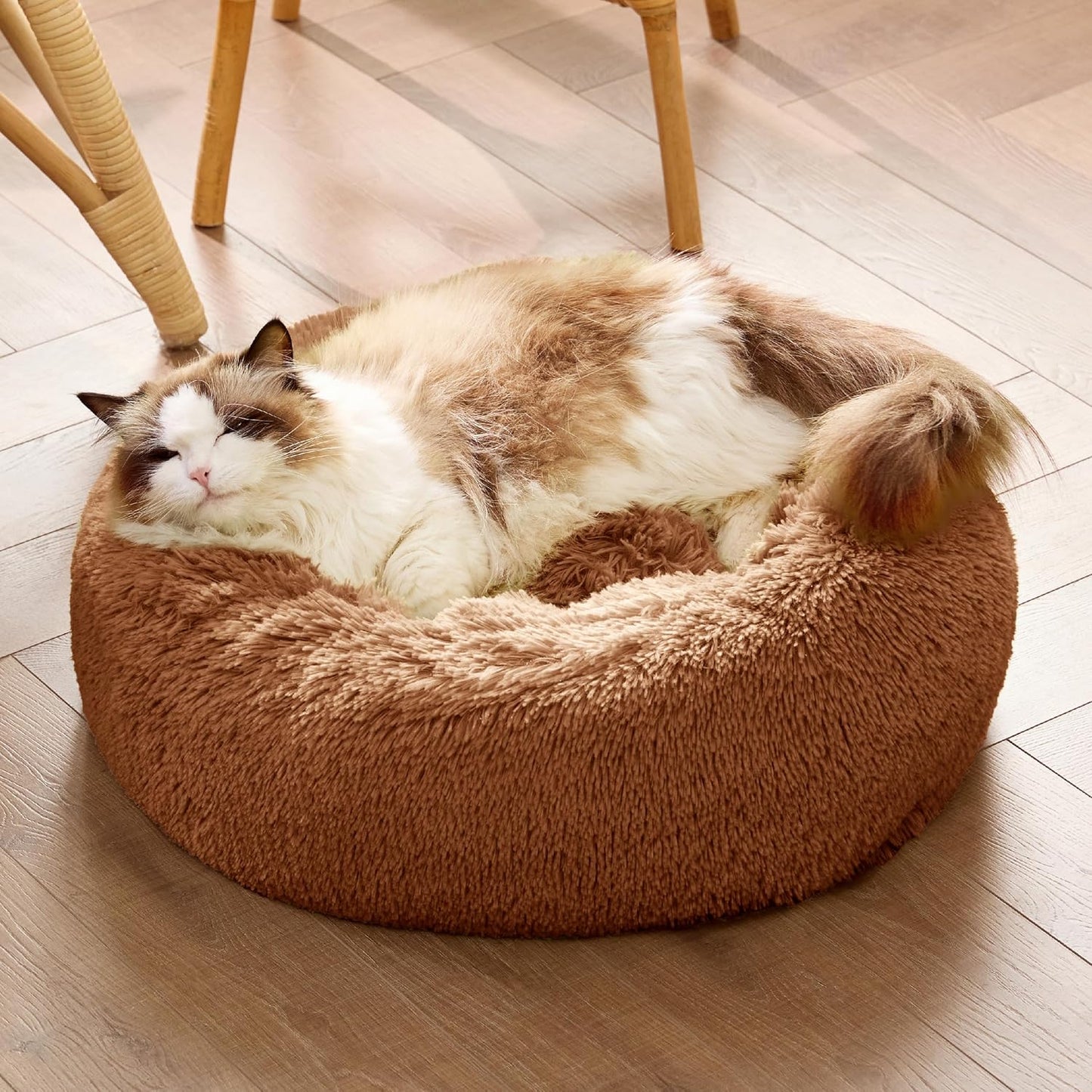 Bedsure Calming Cat Beds for Indoor Cats - Small Cat Bed Washable 20 inches, Anti-Slip Round Fluffy Plush Faux Fur Pet Bed, Fits up to 15 lbs Pets, Copper