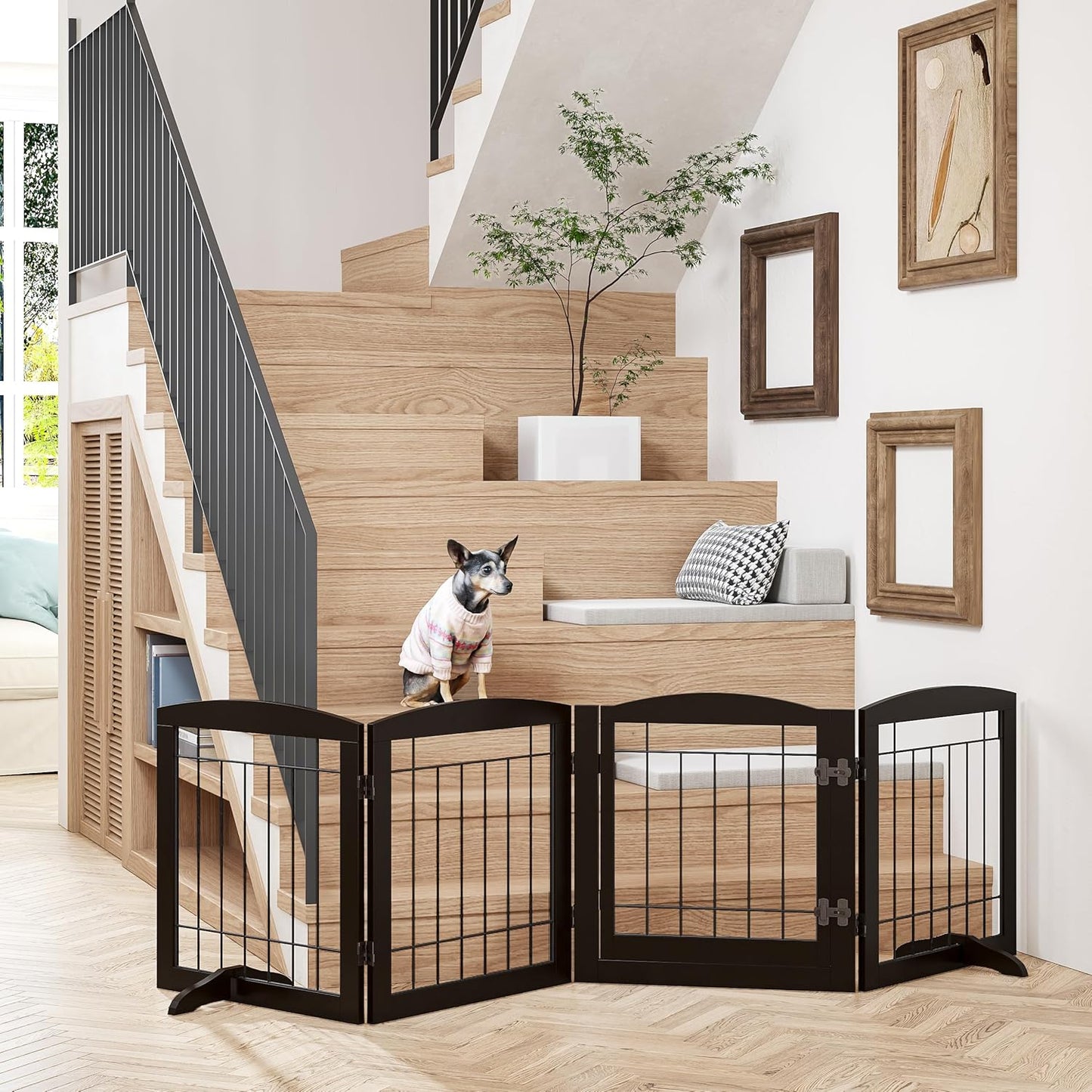 PAWLAND Freestanding Dog gate with Walk Through Door, Dog Gates for Doorways, The House, Stairs, 80" Wide Pet Puppy Safety Fence with Support Feet, 4 Panels, Espresso