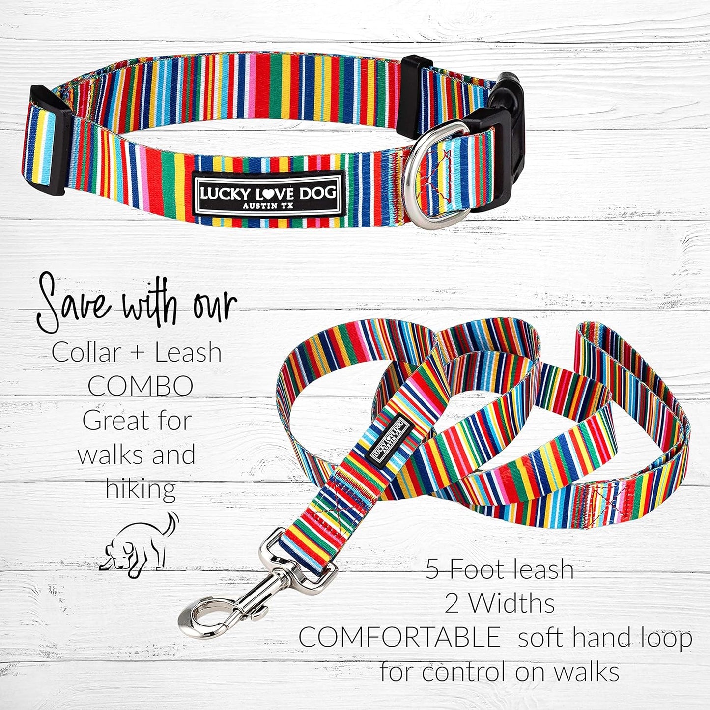 Lucky Love Dog - Easy Click Buckle Dog Collar with Leash Set Combo, Durable & Comfortable for Male & Female Dogs, Pet Collar for Small to Large Dogs, Secure Fit - Hippie Combo, Small