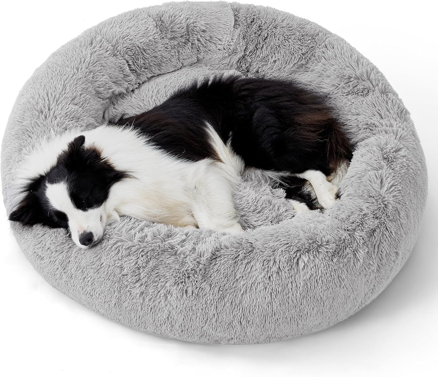 Bedsure Calming Dog Bed for Large Dogs - Donut Washable Large Pet Bed, 36 inches Anti-Slip Round Fluffy Plush Faux Fur Dog Bed, Fits up to 80 lbs Pets, Pale Grey