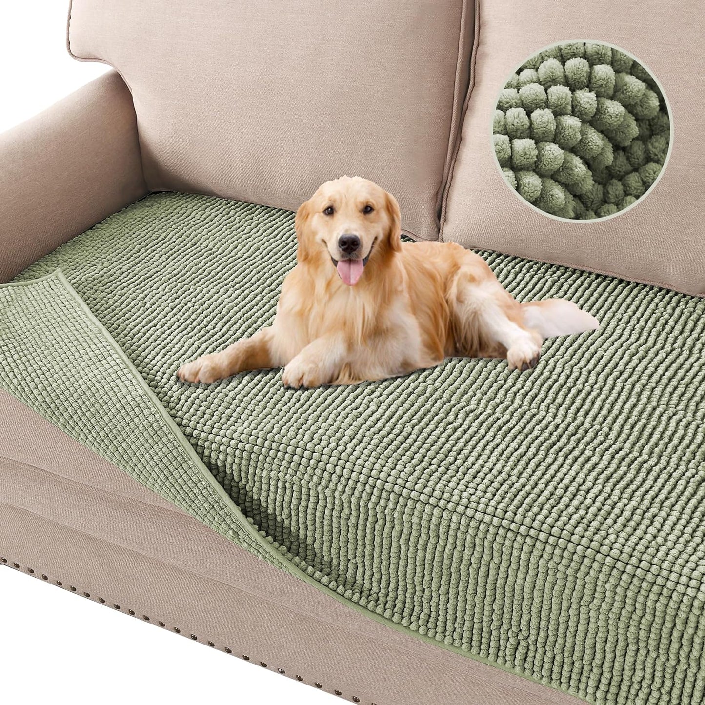 H.VERSAILTEX Plush Chenille Dog Bed Cover Thick Soft Sofa Covers Loveseat Cover for 2 Cushion Couch Anti Slip Couch Cover Furniture Protector for Dog, Pet, Cat (35" x 62", Sage)