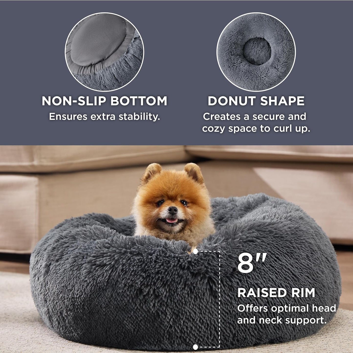 Bedsure Calming Dog Bed for Small Medium Dogs - Donut Washable Medium Pet Bed, 27 inches Anti-Slip Round Fluffy Plush Faux Fur Cat Bed, Dark Grey