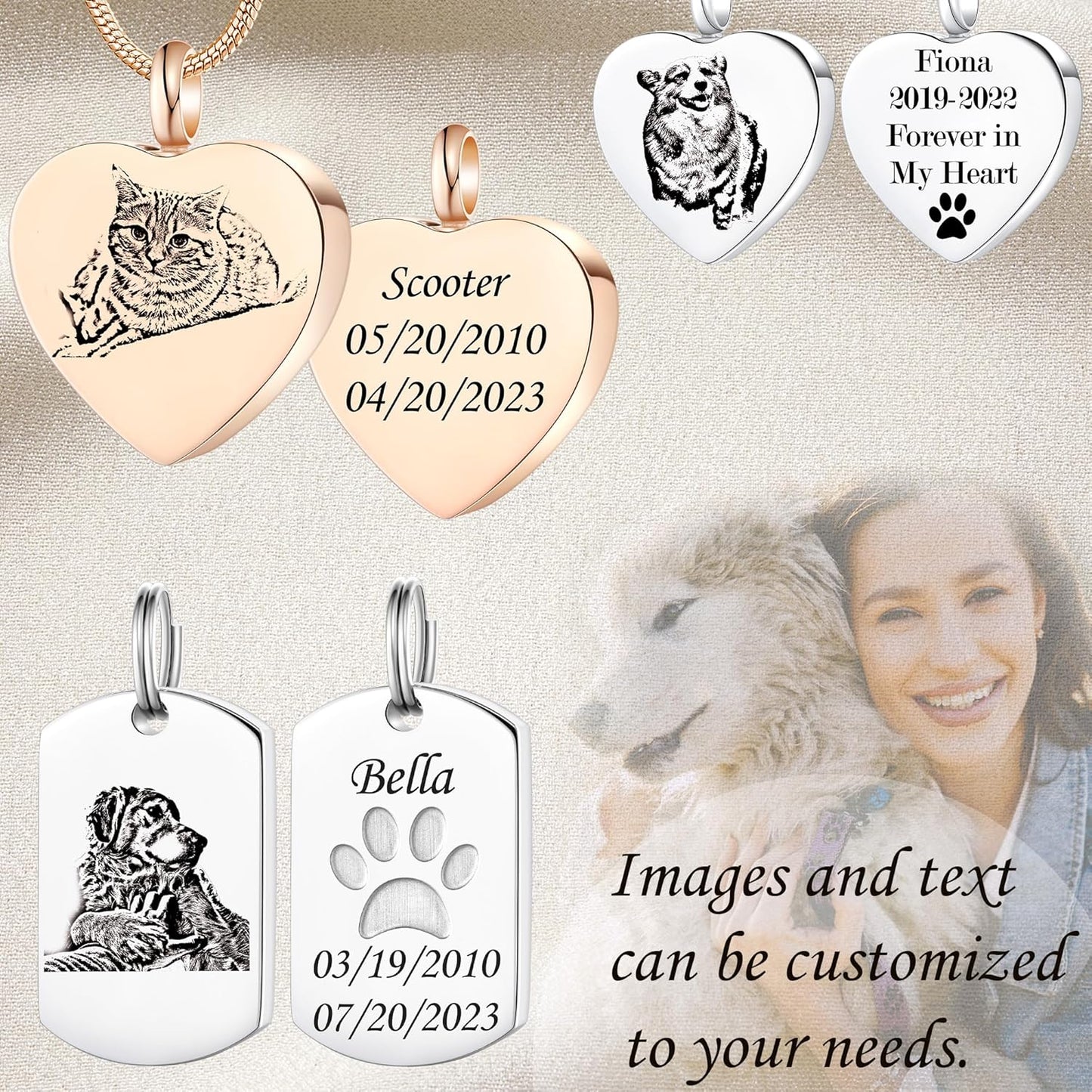 Fanery Sue Personalized Pet Ashes Necklace for Dog Cat Custom Photo&Text Pet Loss Sympathy Gift Cremation Jewelry