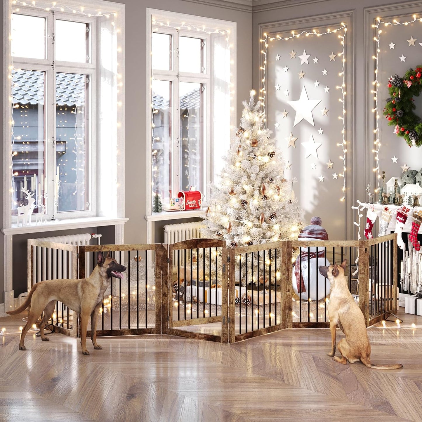 Vantas Folding Pet Gate 144" Wide, 30" Tall No-Assembly Wooden Dog Gate with Door Walk Through, Freestanding Pet Gate, Puppy Safety Fence, with 2PCS Support - Rustic Brown