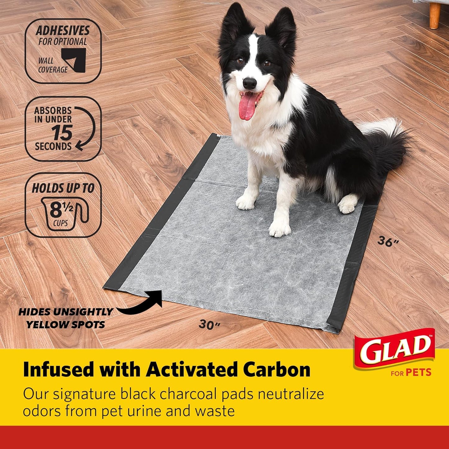 Glad for Pets Day to Night Activated Carbon Puppy Training Pads for Dogs with Wall Protection and Adhesive - Super Absorbent and Leak Proof Disposable Dog Training Pads, 30" x 36", 24 Count