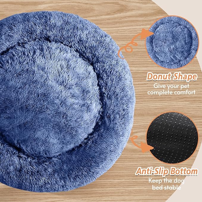 JOLLYVOGUE Calming Dog & Cat Bed for Large Dogs, Anti-Anxiety Donut Cuddler Cozy Soft Round Bed with Anti-Slip Bottom, Fluffy Faux Fur Plush Cushion Beds for Medium Dogs (36")