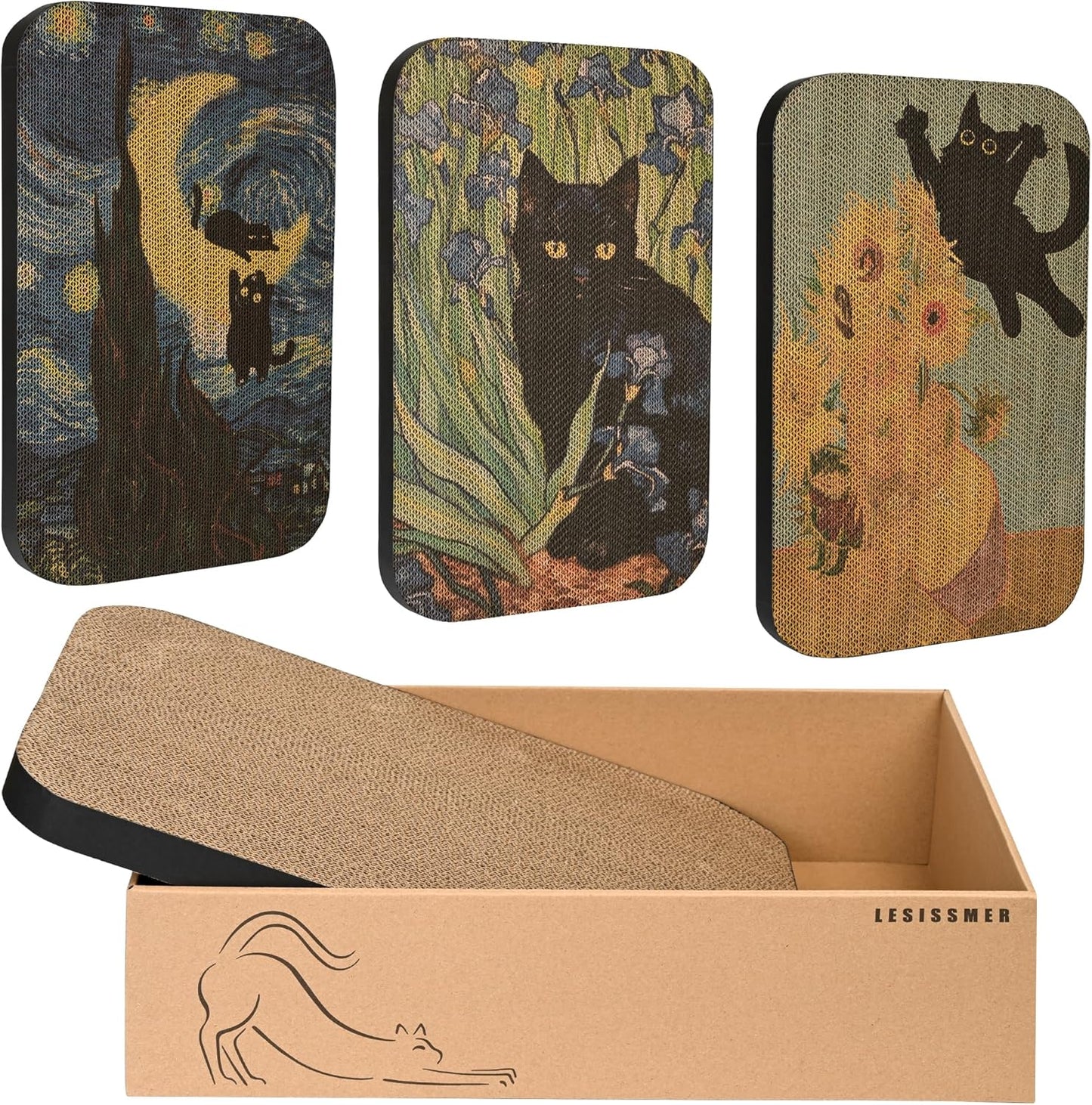 Art Cat Scratcher, 3 Packs Wall-Mountable Art Cat Scratching Board with Box, Cat Wall Scratcher, Cat Scratch Pad, Cardboard Cat Scratchers for Indoor Cats Toy Furniture Protector