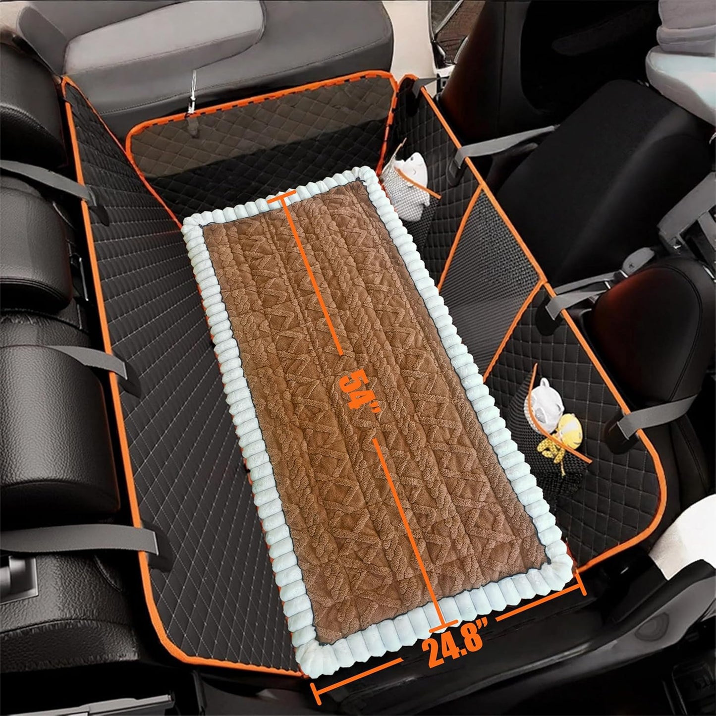 Dog Car Seat Cover for Back Seat, Big Dog Bed for Car, Suitable for Back Seat Extender for Dogs，Backseat Pet Bed Mat，Non-Slip Travel Pet Mat (White Dark Brown, 24.8"x54")