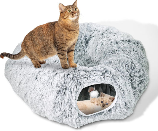 Cat Donut Bed with Washable Cushion – Cat Caves for Indoor Cats – Collapsible Donut Bed with Peekaboo Pet Tunnel Toy – Cozy Hideout for Kittens, Ferrets, Rabbits & Dogs - Grey