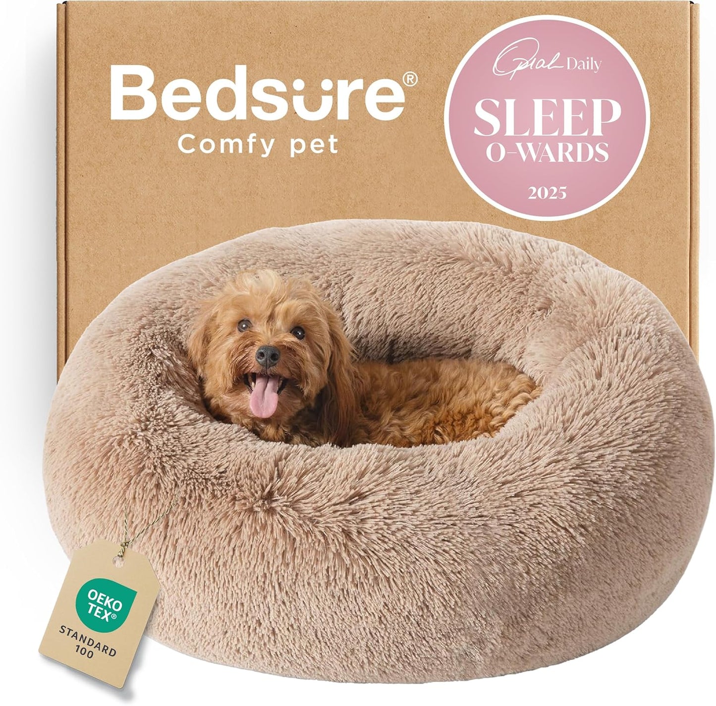 Bedsure Calming Dog Bed for Small Medium Dogs - Donut Washable Medium Puppy Bed, 27 inches Anti-Slip Round Fluffy Plush Faux Fur Pet Bed, Camel