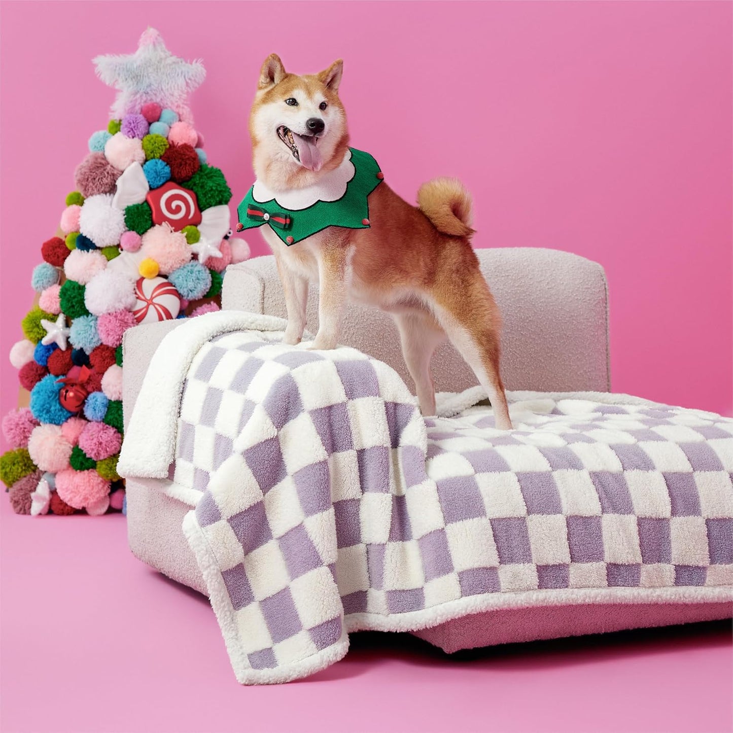 Lesure Waterproof Dog Blanket for Large Dogs - Washable Double Sided Dog Blankets with Warm Jacquard Shag and Soft Sherpa Fleece, Pet Cat Blanket for Couch Protection, 3D Textured Checks, Purple