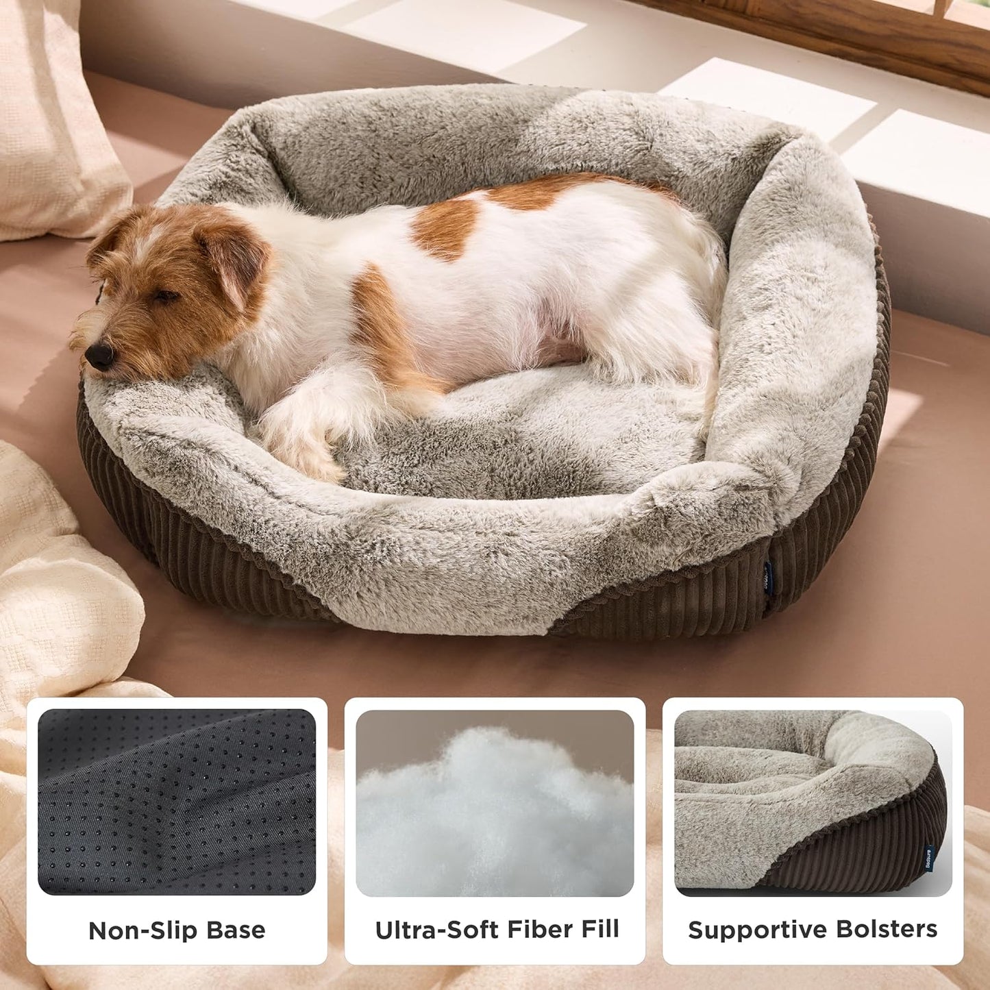 Bedsure Washable Dog Bed Small Medium Size Dog - Rectangle Fluffy Plush Pet Bed Puppy Bed, Comfy Corduroy Fleece and Nonskid Bottom,25x21x7inches,Suitable for Pet Up to 20lbs,Brown