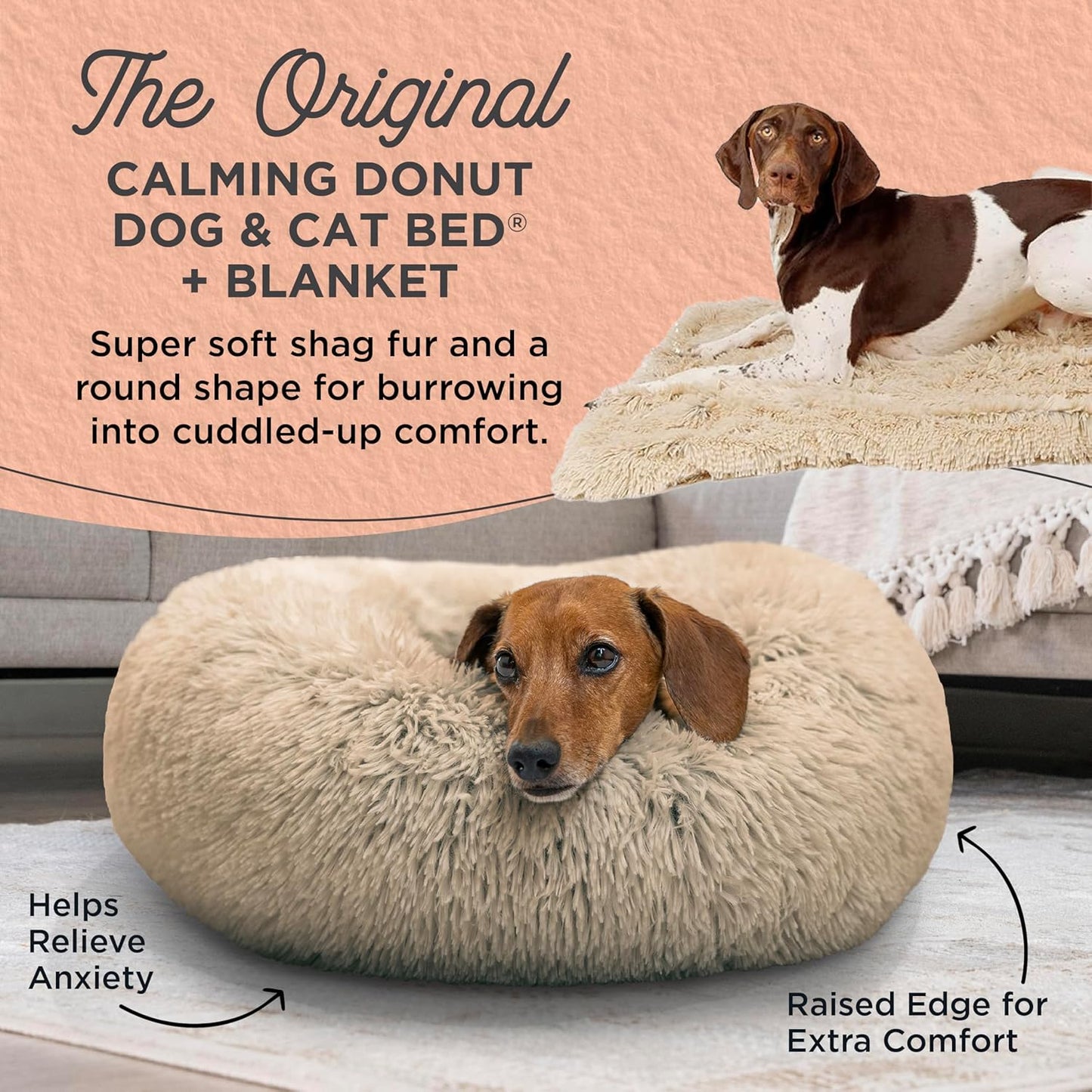 Best Friends by Sheri Bundle Set The Original Calming Shag Donut Cuddler Cat and Dog Bed + Pet Throw Blanket, Taupe, Small, 23x23