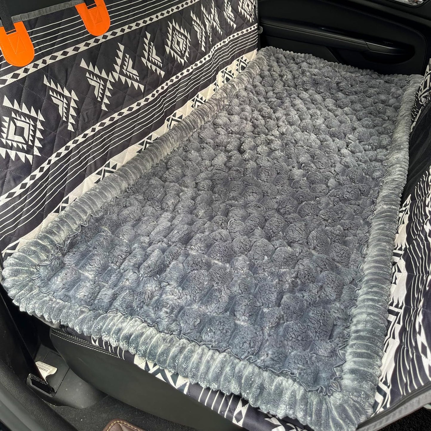 Dog Car Seat Cover for Back Seat, Big Dog Bed for Car, Suitable for Back Seat Extender for Dogs，Backseat Pet Bed Mat，Non-Slip Travel Pet Mat (Plaid Dark Gray, 24.8"x54")
