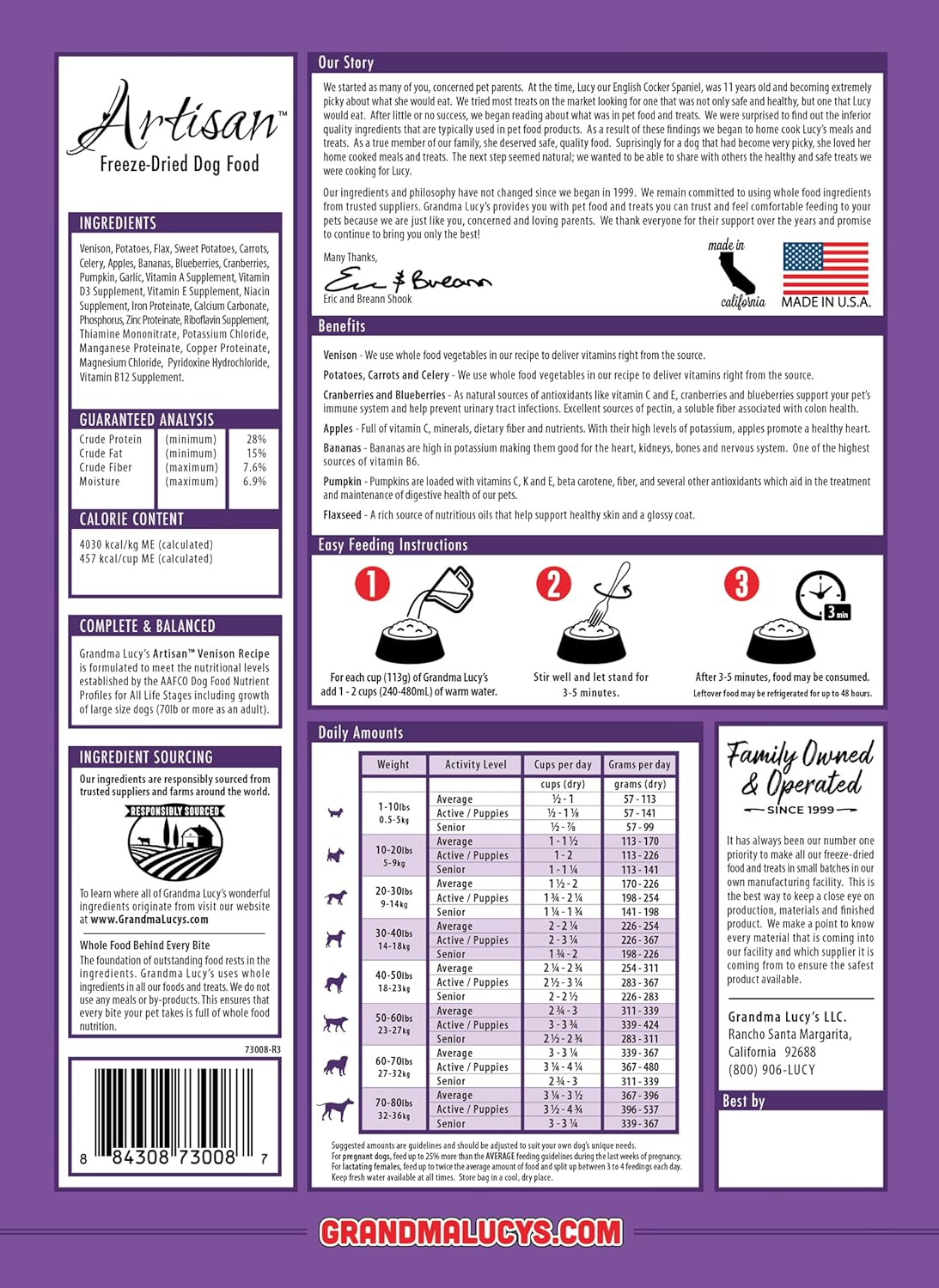 Grandma Lucy's Artisan Dog Food, Grain Free and Freeze-Dried - Artisan Venison, 10Lb Bag