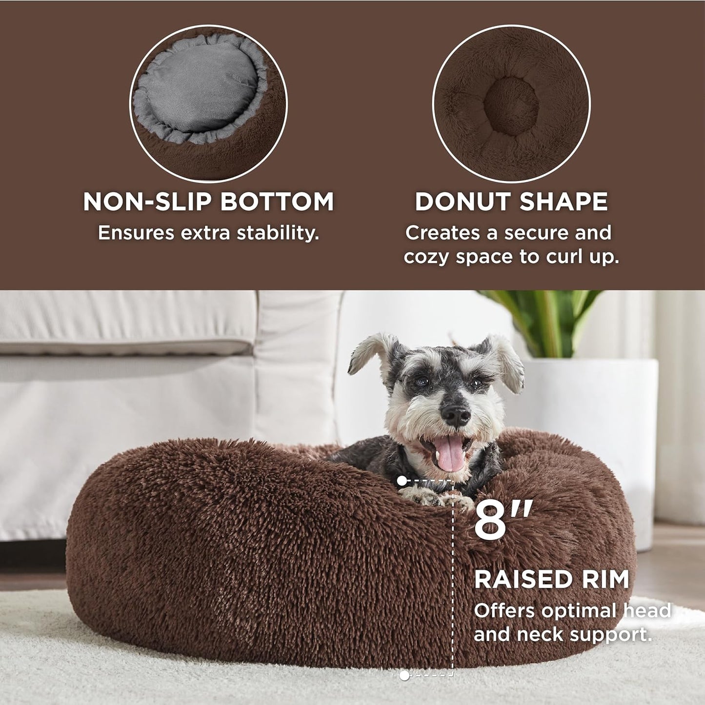 Bedsure Calming Dog Bed for Small Dogs - Donut Washable Small Pet Bed, 23 inches Anti-Slip Round Fluffy Plush Faux Fur Large Cat Bed, Fits up to 25 lbs Pets, Coffee