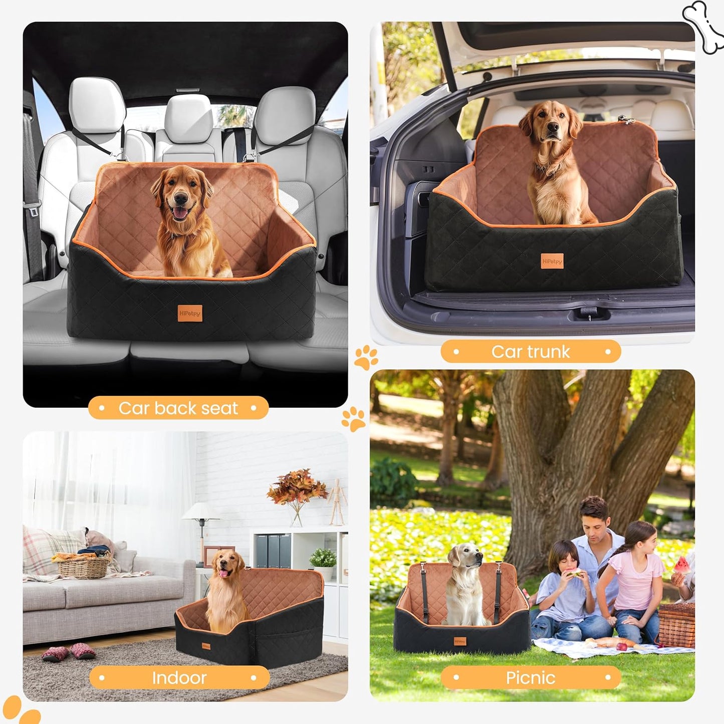 Dog Car Seat for Medium Dog, Booster Seat for Dogs Under 55lb, Elevated Pet Seat with Pocket, Anti-Slip Bed for Car, Perfect for Back Seat & Trunk with 2 Safety Leashes (Black/Brown, Large)