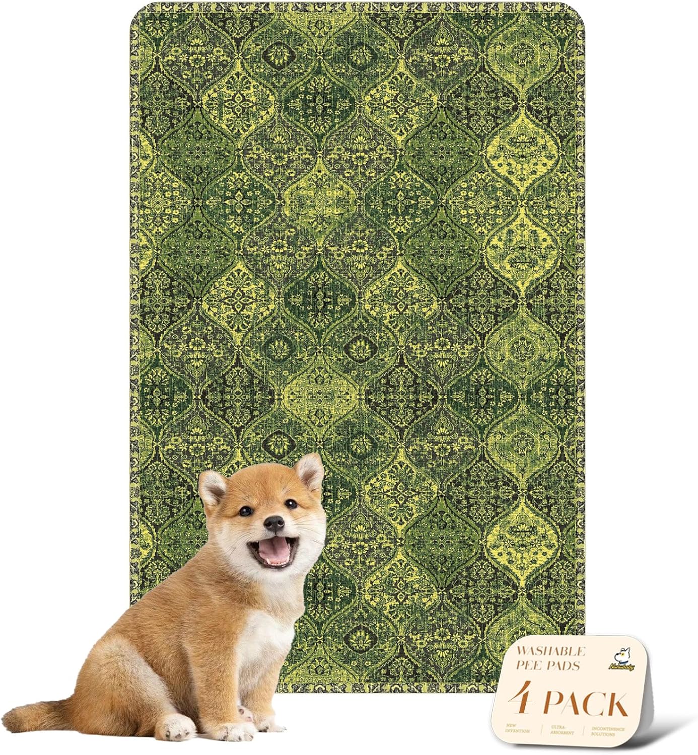 nunubaby 4PACK Washable Pee Pads for Dogs, Stylish, Non-Slip and Leak-Proof Pee Pads. Reusable Potty Pads for Dogs for Crates and Floors.(Green/Multi, 24" x36")