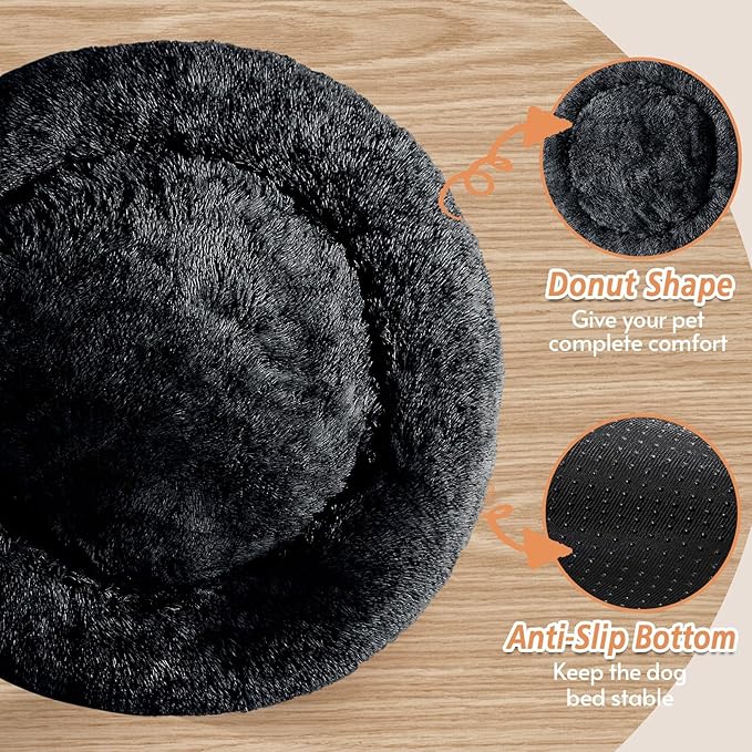 JOLLYVOGUE Calming Dog & Cat Bed for Small Dogs, Anti-Anxiety Donut Cuddler Cozy Soft Round Bed with Anti-Slip Bottom, Fluffy Faux Fur Plush Cushion Beds for Small Medium Pets (23")
