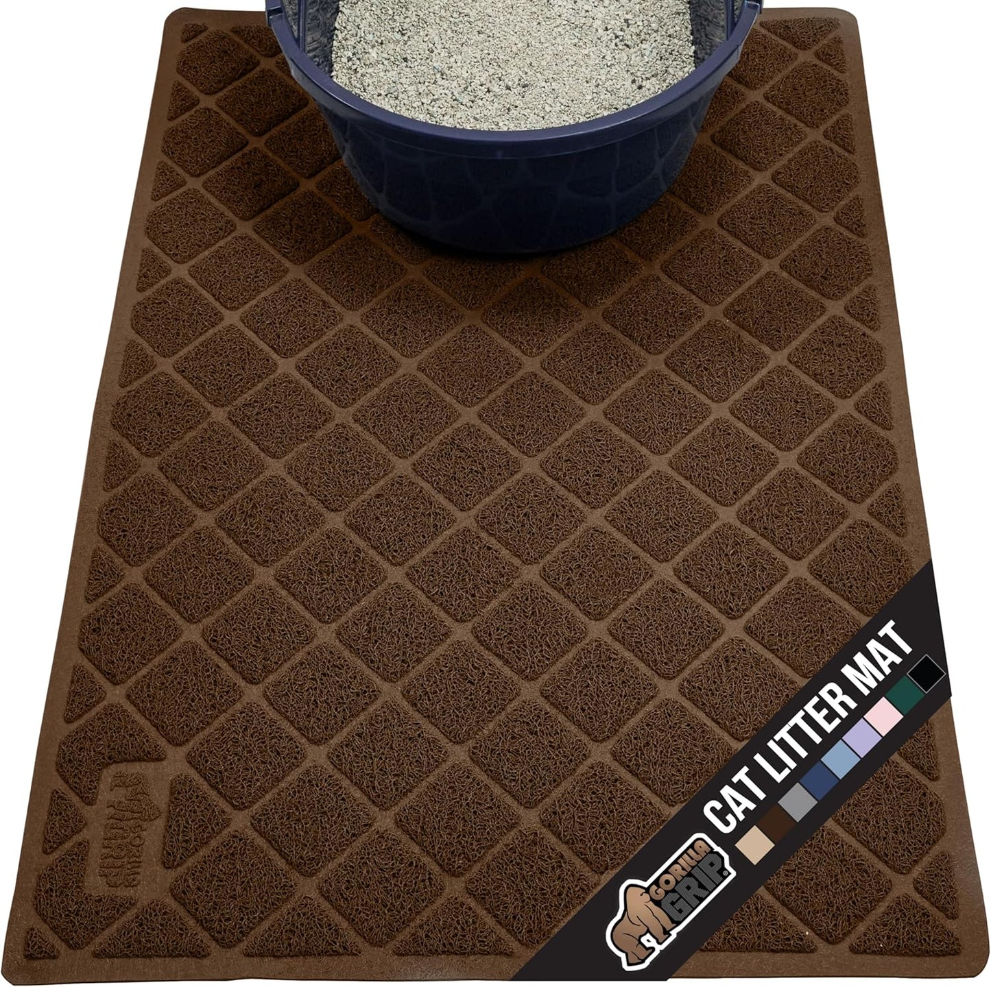 GORILLA GRIP Cat Litter Box Mat, 35x23, Water Resistant, US Designed Kitty Litter Trapping Mats, Easy to Clean, Scatter Control, Less Mess and Clean Floors, Kitten Supplies for Indoor Cats, Brown