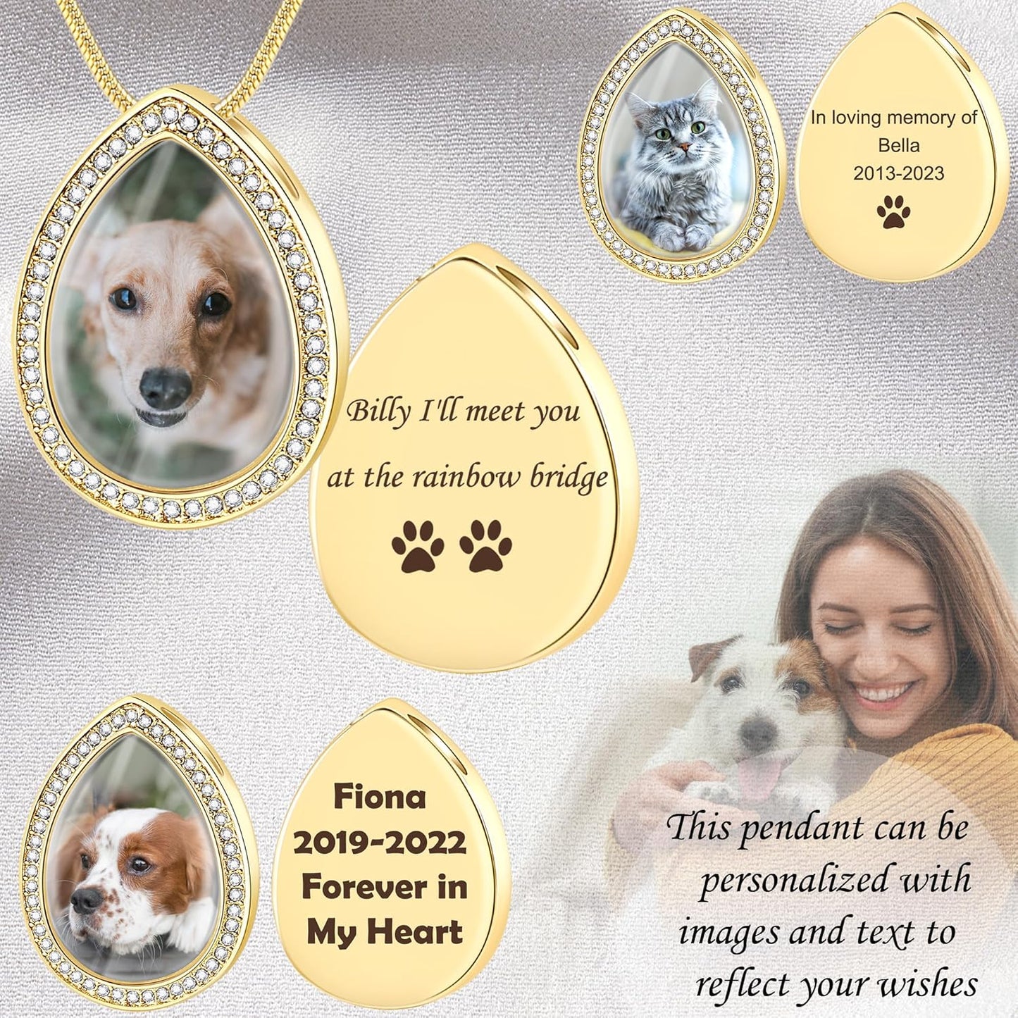 Fanery Sue Personalized Pet Ashes Necklace for Dog Cat Custom Photo&Text Pet Loss Sympathy Gift Cremation Jewelry
