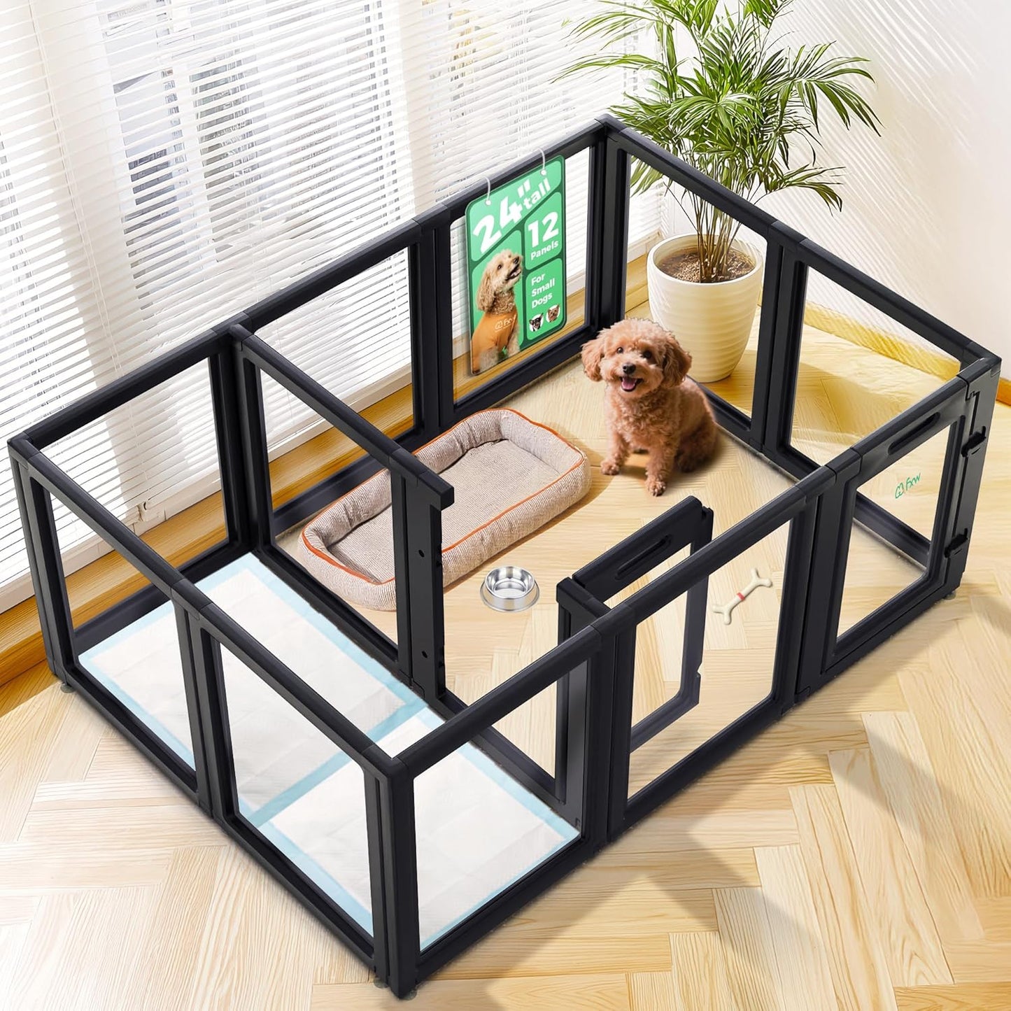 FXW AuraSpace Acrylic Indoor Unleashed Dog Playpen for Puppies and Small Dogs, 24 Inch, 12 Panels, Black