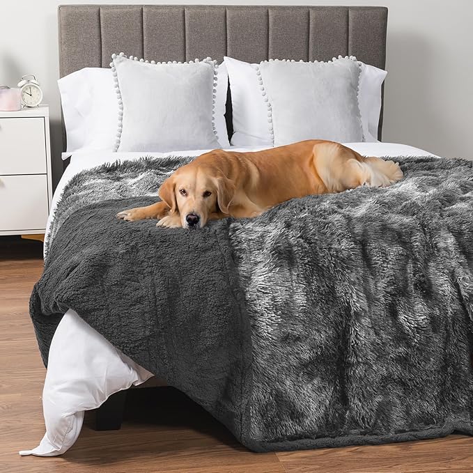 PetAmi Waterproof Dog Blanket for Large Dog, Queen Size Calming Pet Blanket Couch Cover Protector, Sherpa Faux Fur Cat Throw for Sofa Furniture Bed, Soft Fluffy XL, 90x90 Tie-Dye Gray