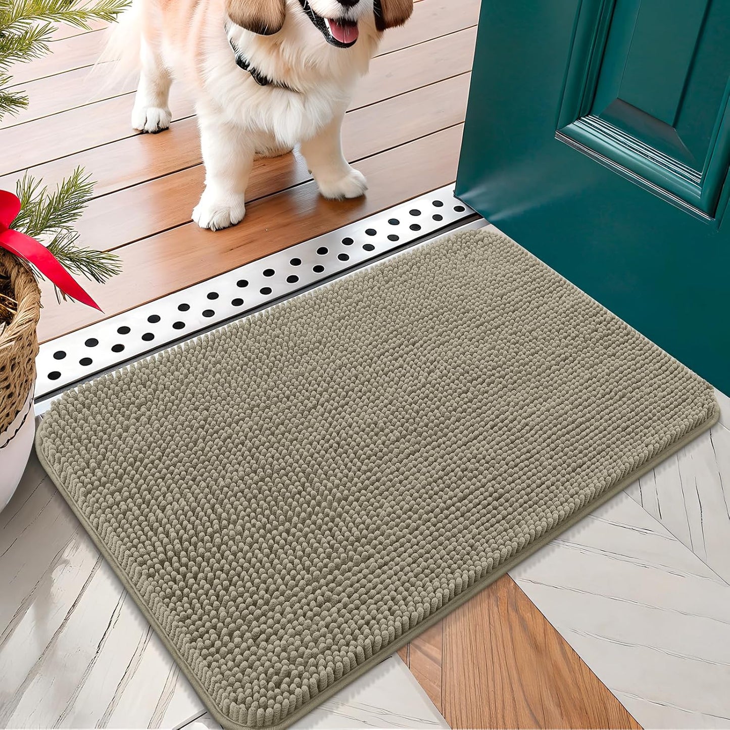 OLANLY Dog Door Mat for Muddy Paws 24x16, Absorbs Moisture and Dirt, Absorbent Non-Slip Washable Doormat, Quick Dry Chenille Mud Mat, Entry Indoor Entryway Carpet for Inside Floor, Warm Taupe