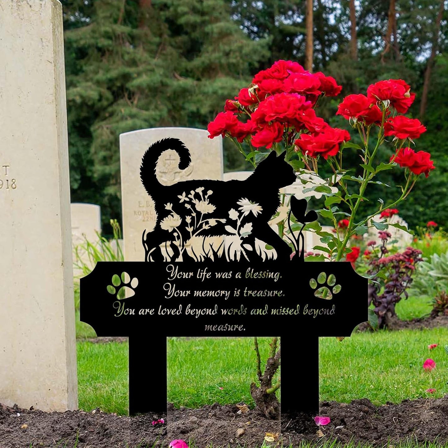 Cat Grave Marker Outdoor Memorial – 12in Metal Pet Memorial Plaque with Garden Cat Silhouette, Weatherproof Headstone for Yard or Indoor Tribute, Sympathy Gift for Loss of Cat