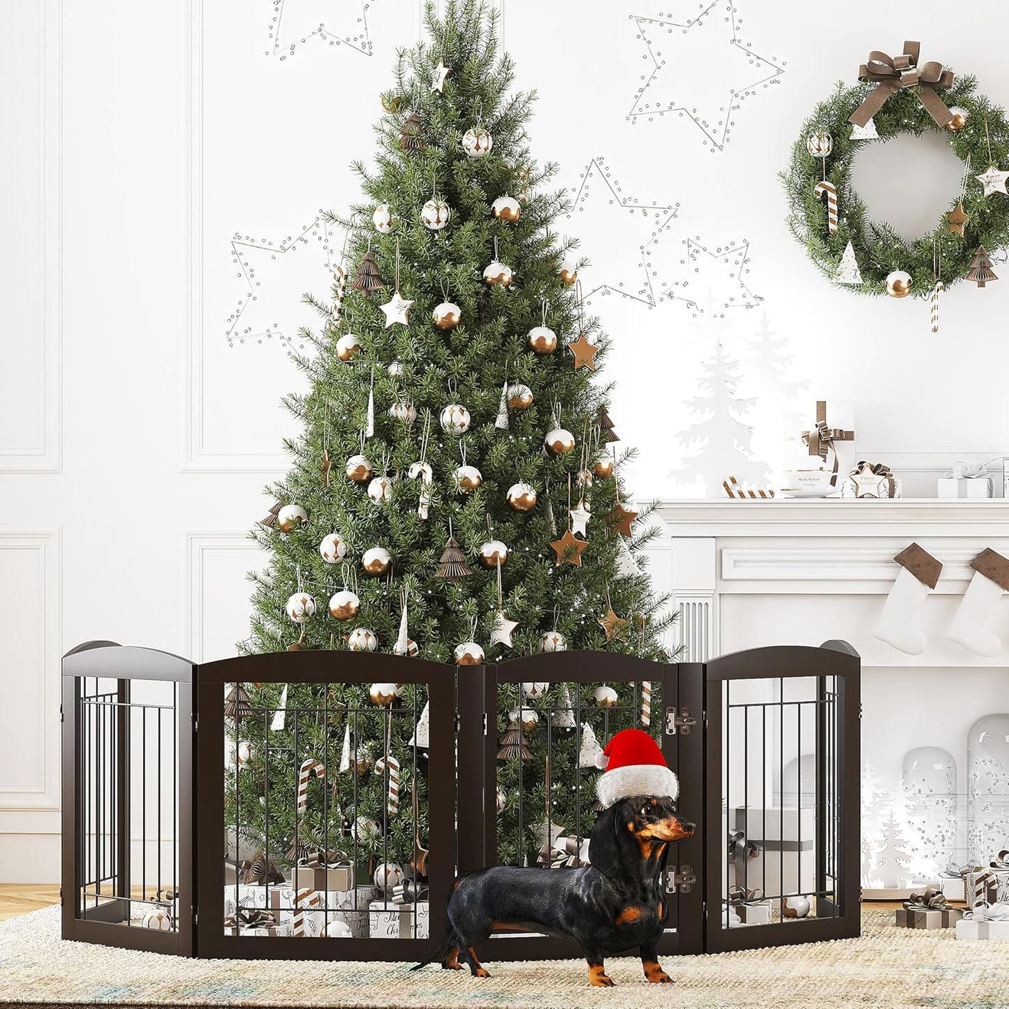 PAWLAND Dog Gate Indoor with Walk Through Door, Foldable Free Standing Pet Gate for Doorways, Stairs, The Houes, Pet Puppy Safety Fence, 120 in Extra Wide, 6 Panels, Support Feet Included, Espresso