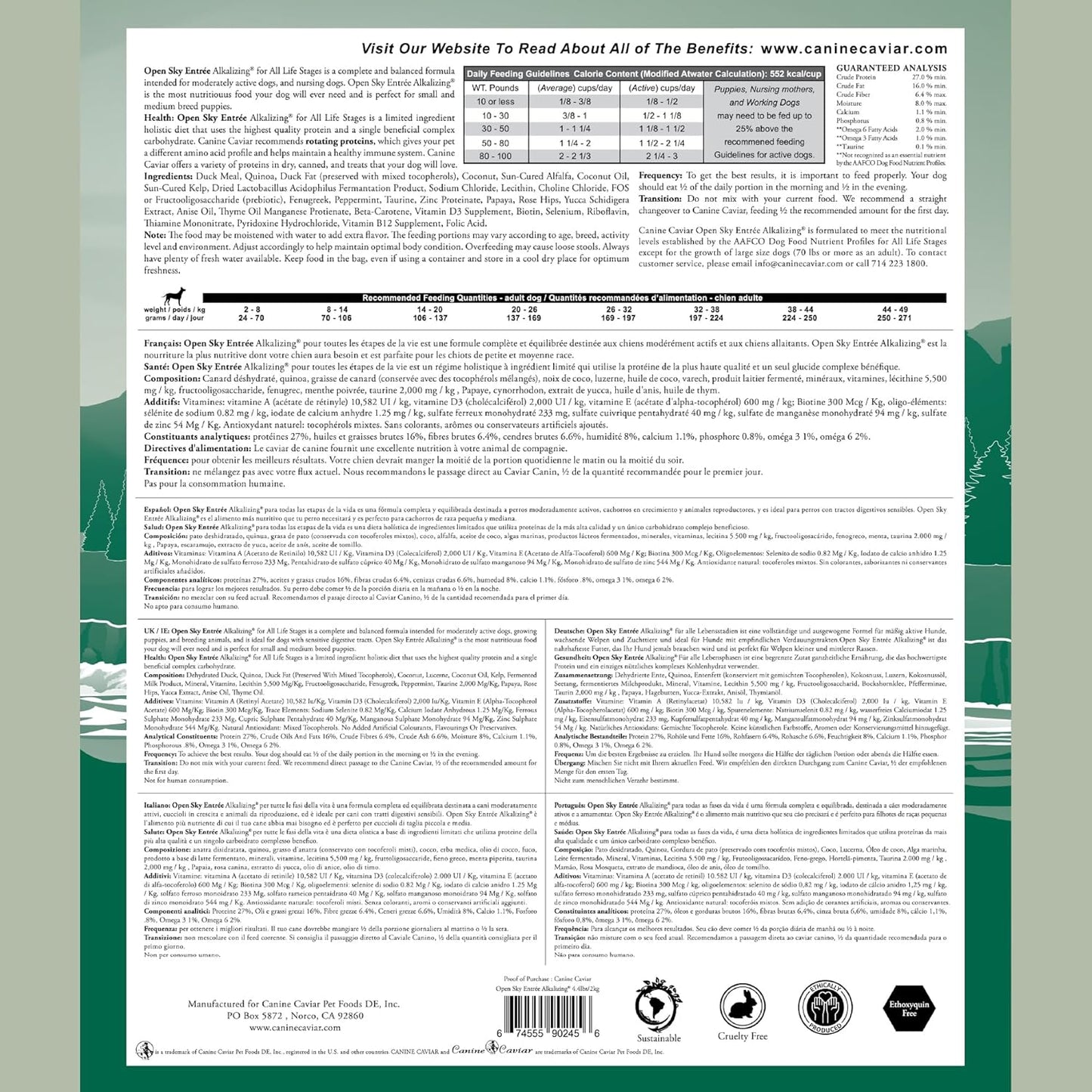 Canine Caviar - Open Sky: Duck & Teff Alkaline Dry Dog Food, Limited Ingredients, Gluten-Free, Based on Science & Research, Veterinary Alternative Diet (4.4 Pound Bag)