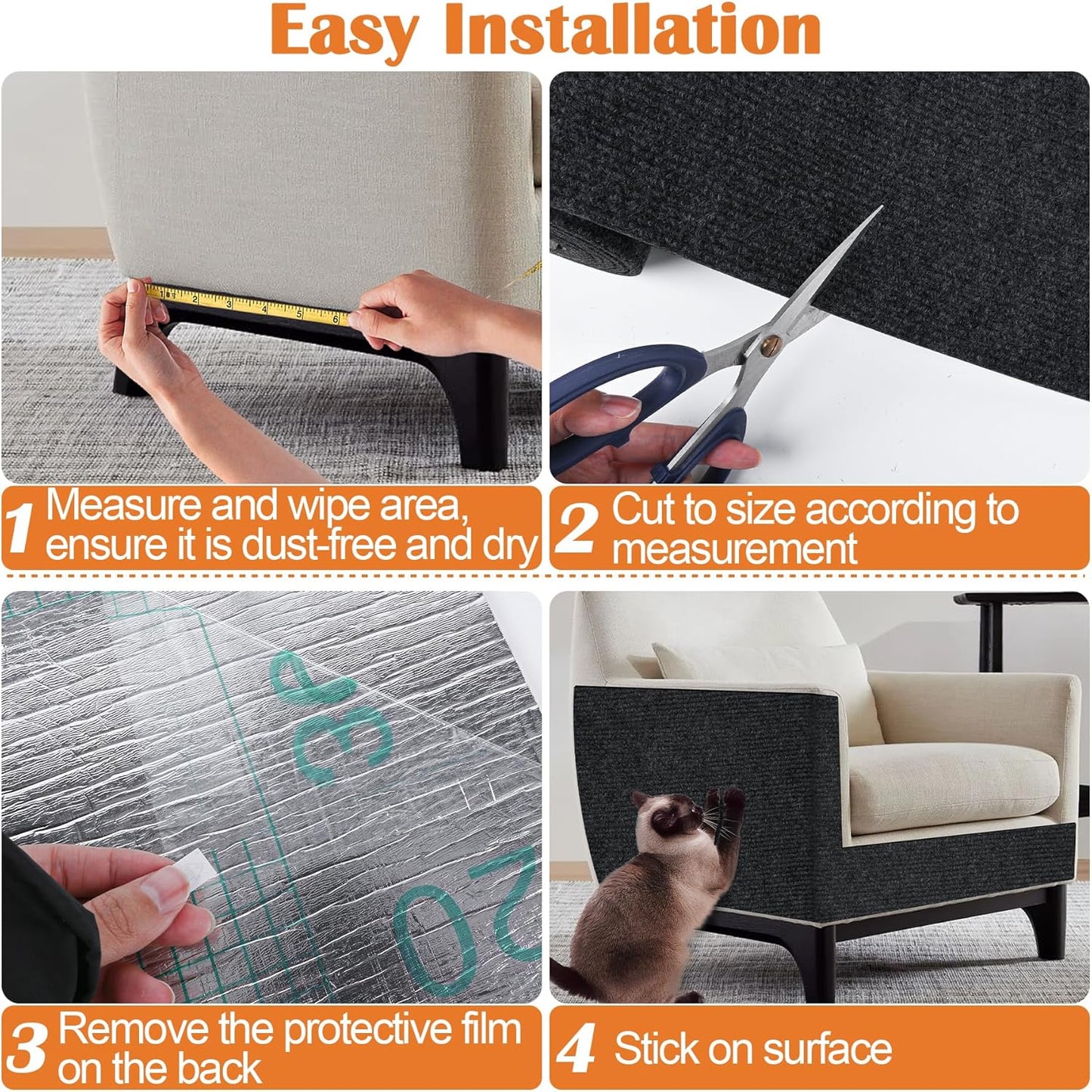 Cat Scratch Furniture Protector - 78.7" x 15.8" Trimmable Self-Adhesive Cats Claws Scratch Pads, DIY Cat Climbing Couch Protector for Scratch Post Cat Tree Replacement Indoor (Black)