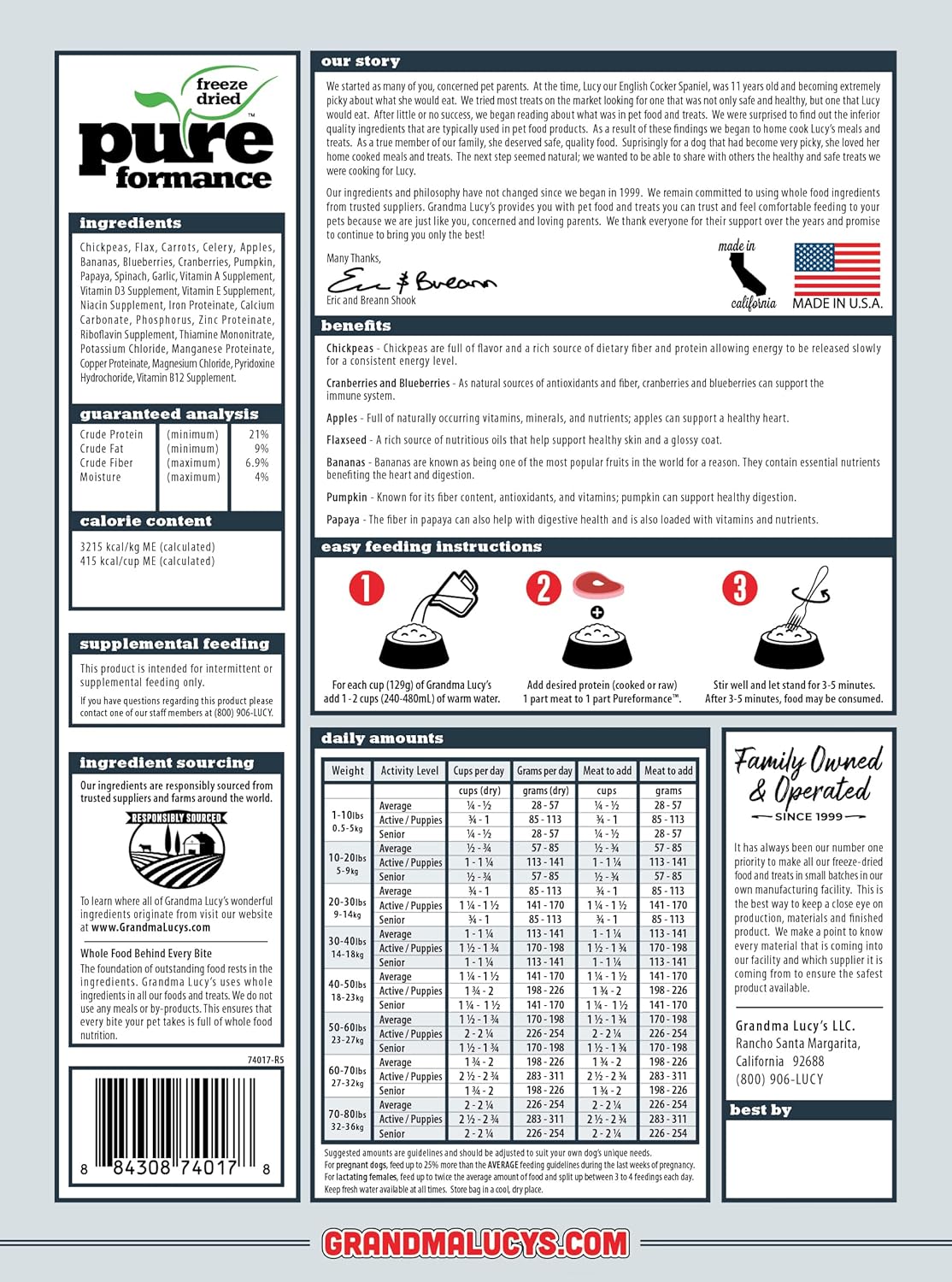 Grandma Lucy's PUREformance Pre-Mix Dog Food, Grain Free and Freeze-Dried - 3Lb Bag