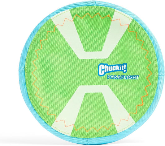 Chuckit! Max Glow Paraflight Flying Disc Dog Toy, Small (6.75"), Green And White