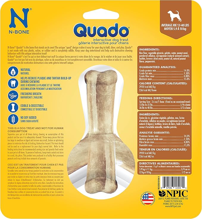 N-Bone Quado Interactive Chew, Peanut Flavor, Average Joe, 2.8oz, Natural, Medium (Pack of 1)
