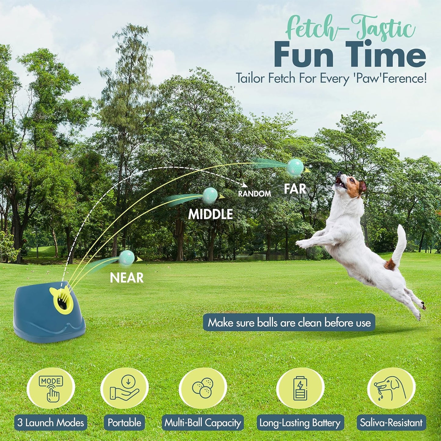 Automatic Dog Ball Launcher - Dog Ball Fetch Machine, Ball Thrower for Dogs, for Small to Medium Sized Dogs, Interactive Dog Toy with 6 Latex Balls, Plug-in & Battery Options - 4 Launch Distances