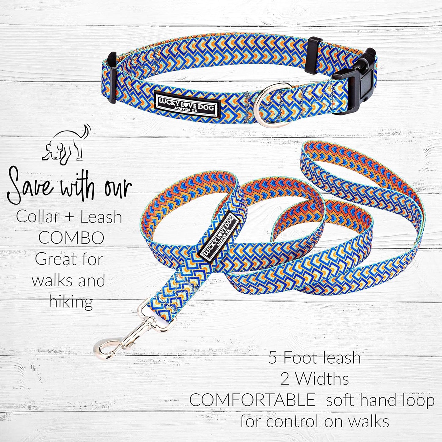 Lucky Love Dog, Bold Matching Dog Collar and Leash Set, Soft & Adjustable, Geometric Pattern Collar and Leash for Male Female Dogs - (Medium, Murphy Combo)