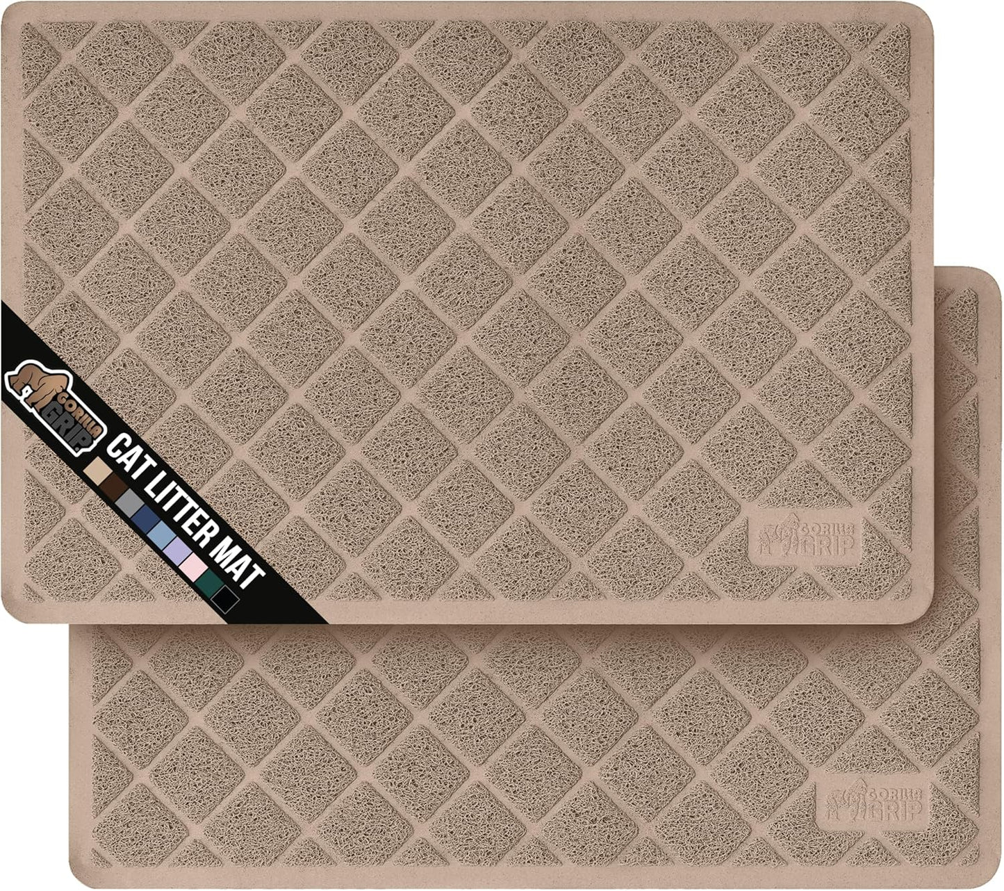 GORILLA GRIP Cat Litter Box Mat, Water Resistant, US Designed Kitty Litter Trapping Mats, Easy to Clean, Scatter Control, Less Mess and Clean Floors, Kitten Supplies for Indoor Cats 24x17 Beige 2 Pack
