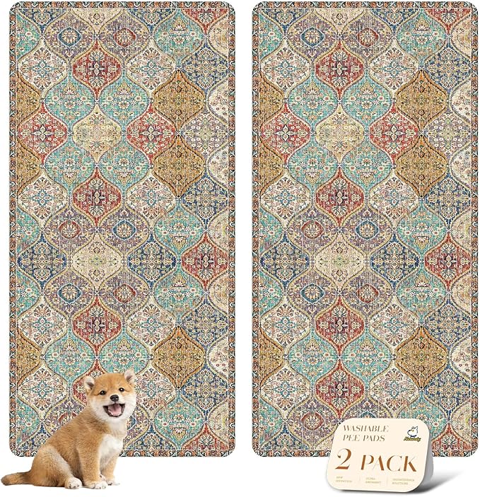 nunubaby Washable Pee Pads for Dogs, Stylish, Non-Slip and Leak-Proof Pee Pads. Reusable Potty Pads for Dogs for Crates and Floors.(Cream/Multi, 36" x72" )