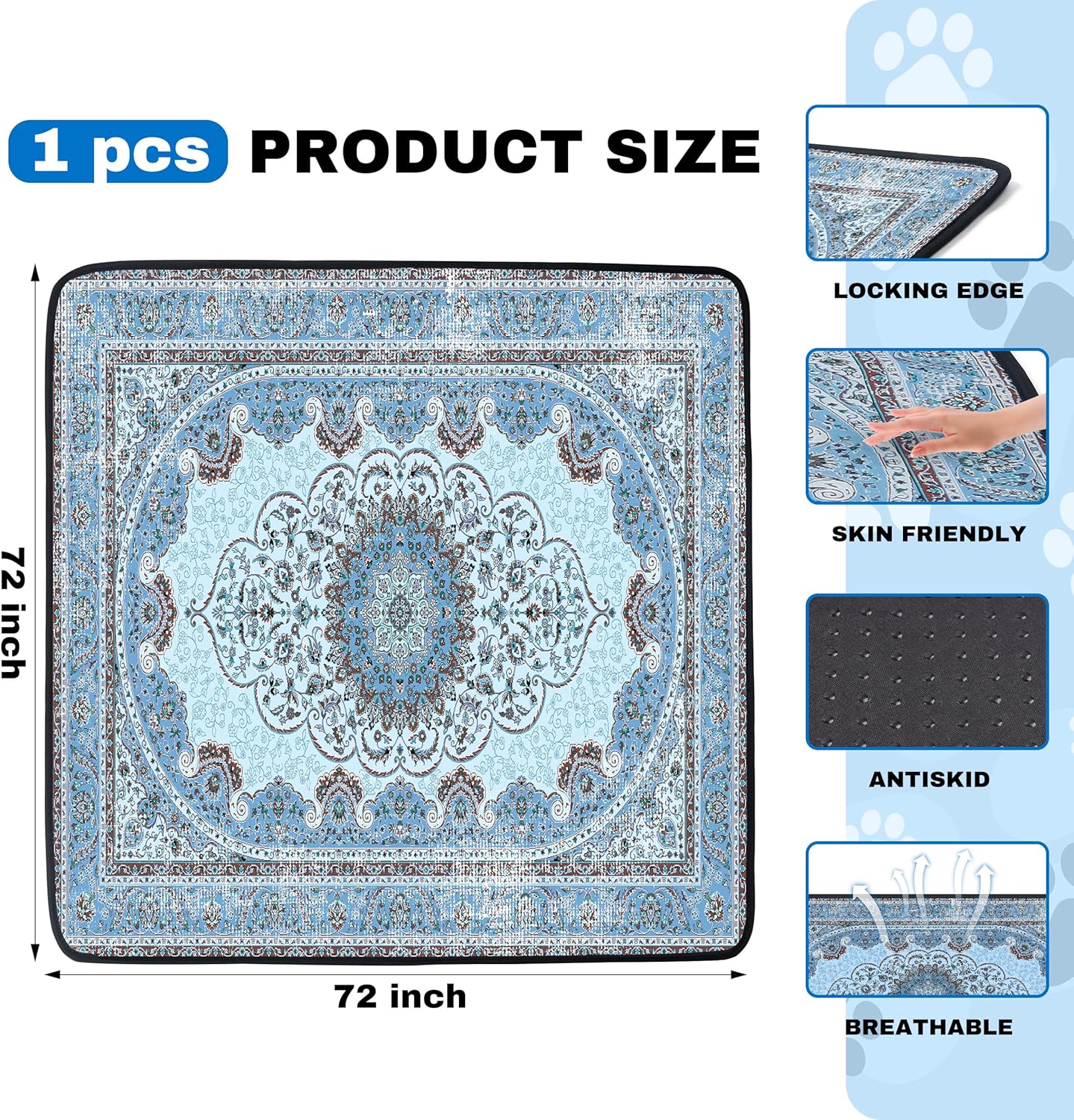PatiencET Washable Pee Pads for Dogs, 72'' x 72" Super Absorbent Leakproof Reusable Puppy Pads, 1 Pack Dog Training Pads Potty Pad Whelping Pad with Non-Slip Bottom for Housebreaking Incontinence Blue